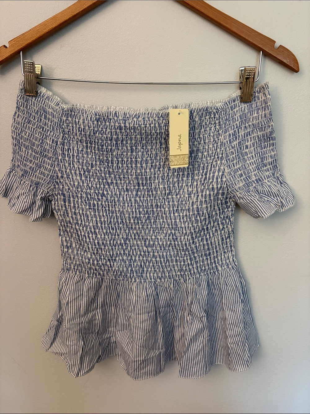 Japna Blue & White Striped Off-Shoulder Smocked Peplum Top